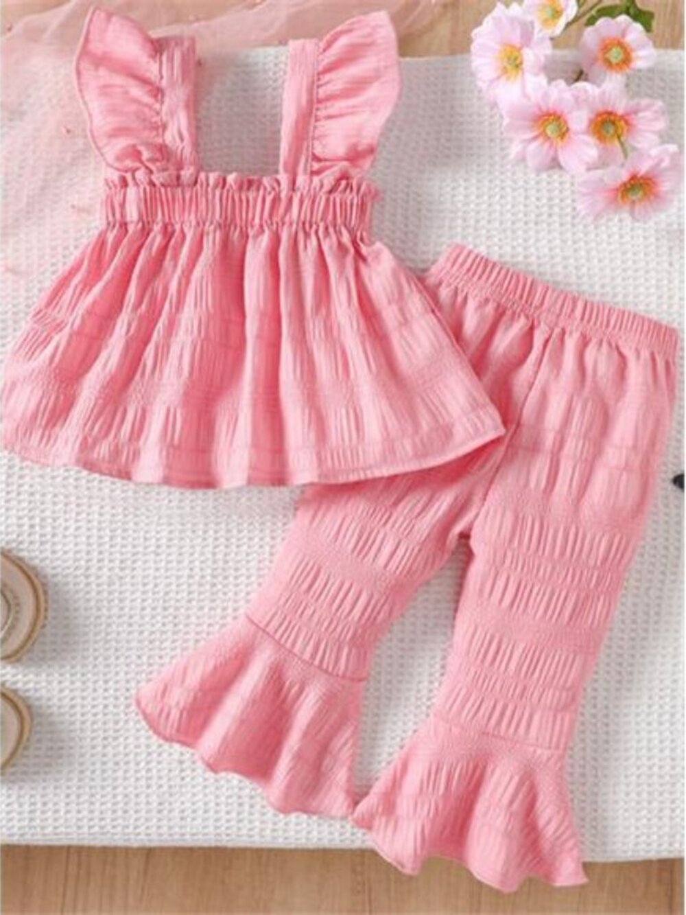 Children's Ruffled Trim Textured Top and Pants Set